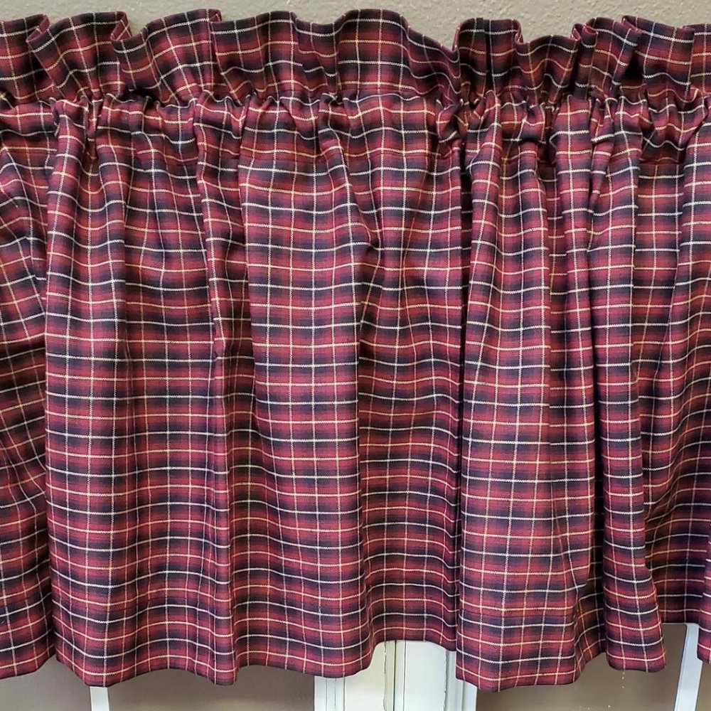 Country Primitive Farmhouse Barn Red & Black Plaid Homespun Valance Handmade